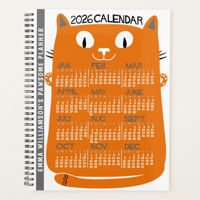 Agenda 2026 Year Monthly Calendar Mid-Century Orange Cat (Anverso)