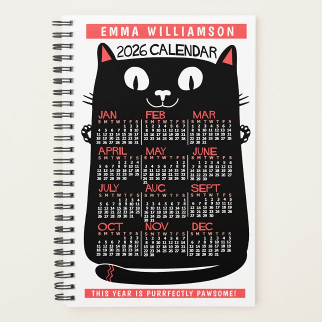 Agenda 2026 Year Monthly Calendar Midcentury Black Cat Sm (Anverso)