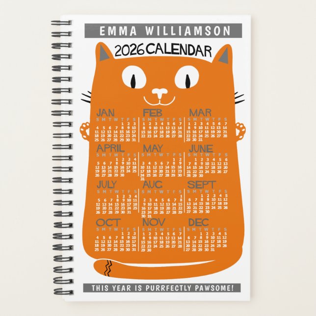 Agenda 2026 Year Monthly Calendar Midcentury Orange Cat S (Anverso)