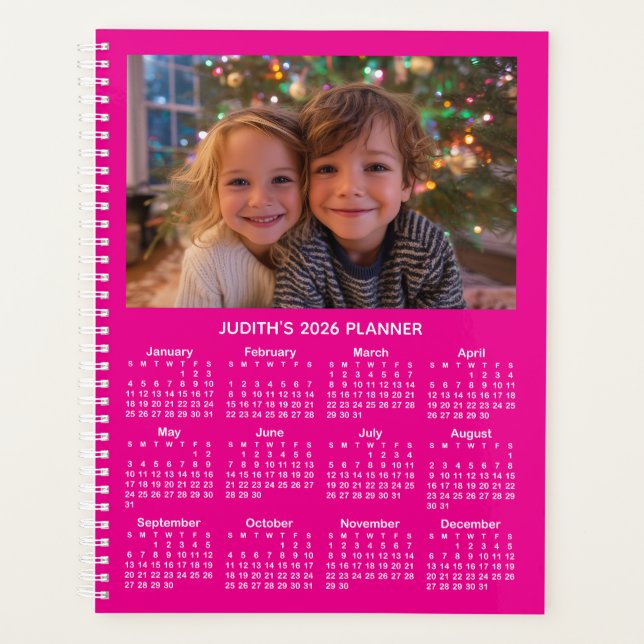Agenda 3 Photo Hot Pink and White 2026 Calendar (Anverso)
