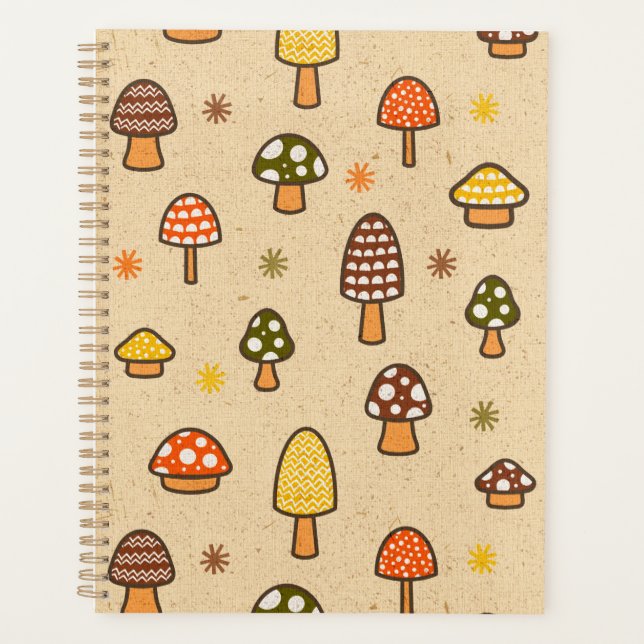 Agenda 70s Style Retro Mushrooms Spiral Notebook (Anverso)