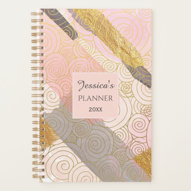 Agenda Abstract Gold Stripes and Pink Swirls Personalised (Anverso)