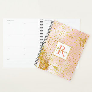 Agenda Acuarela de melocotón y monograma de confetti dora