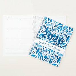 Agenda Acuarela Floral Botánica Azul 2026 Personalizable