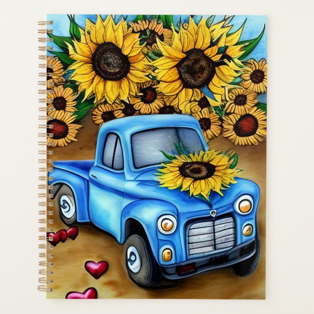 Agenda acuarela Planner Camión azul girasol vintage (Anverso)