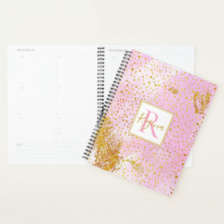 Agenda acuarela rosa y monograma de confeti dorado