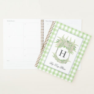 Agenda Acuarela Verde y Blanca Hydrangea Escudo Gingham