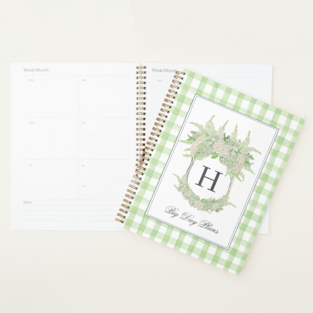 Agenda Acuarela Verde y Blanca Hydrangea Escudo Gingham (Demostración)