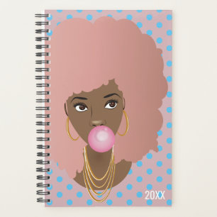 Agenda Afro rosado, puntos de polka azul, compras de goma