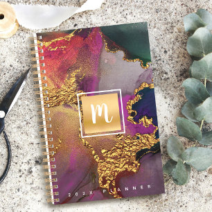 Agenda Aga monogramo acuarela color oro azul púrpura verd