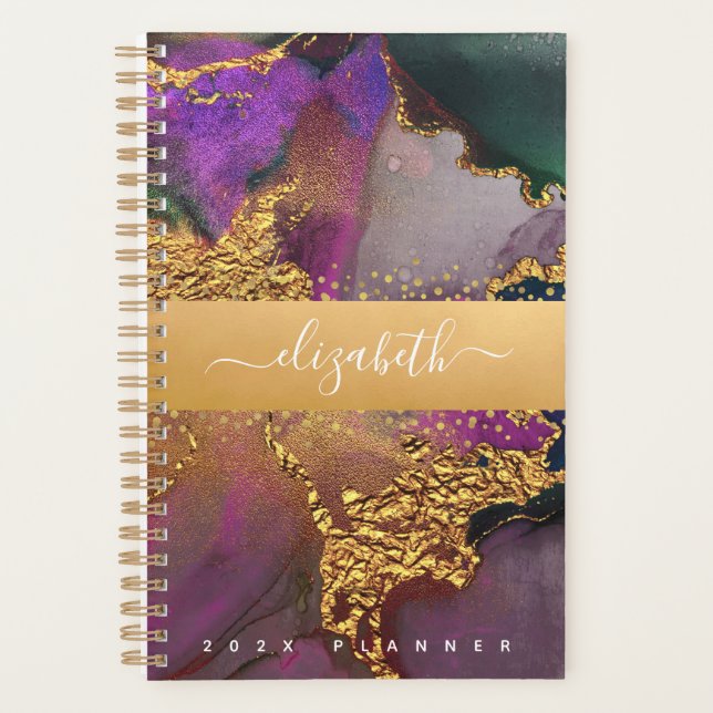 Agenda Agate acuarela oro morado azul personalizado verde (Anverso)