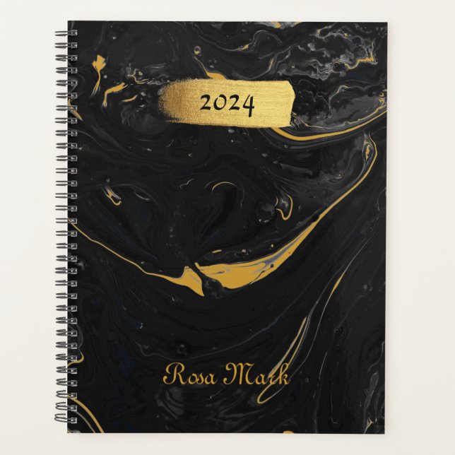 Agenda Agate Black Marble Swirl Personalizado (Anverso)