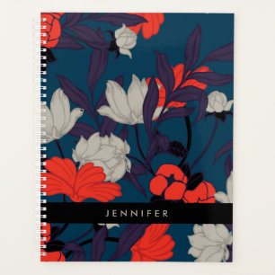 Agenda Agrega tu nombre Patrón floral azul y rojo eleg