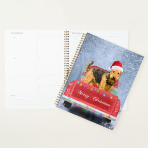 Agenda Airedale Terrier Dog en Nieve sentado en Navidades