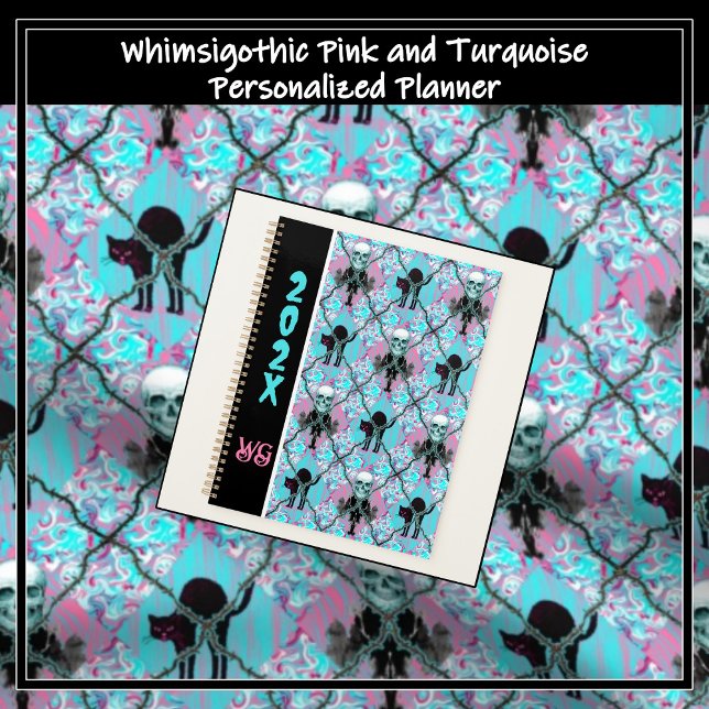 Agenda Alambre de púas Argyle rosa y turquesa Whimsigothi (Whimsigothic black cats, skulls, ink blots, barbed wire on pink and turquoise argyle.)
