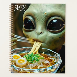 Agenda Alienígena divertido comiendo fideos Ramen monogra