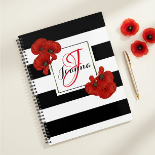 Agenda Amapolas rojas sobre fondo a rayas en blanco y neg