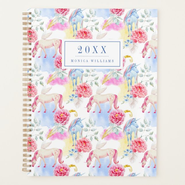 Agenda Añadir su nombre/año | acuarela Unicornio y Pegasu (Anverso)