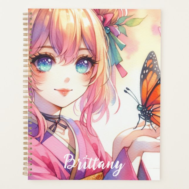 Agenda Anime Chica sostiene una mariposa personalizada (Anverso)
