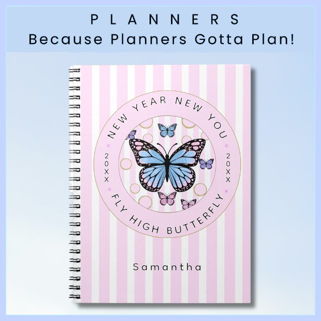 Agenda Año Nuevo Nuevo Usted Mariposa Nombre Personalizad (Pretty Custom Name Pink and White Candy Striped Planner with Motivational Message for the New Year!)