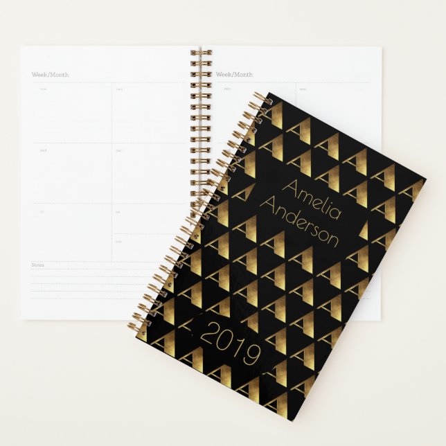 Agenda Año personalizado 2019 Monograma de oro negro eleg (Demostración)