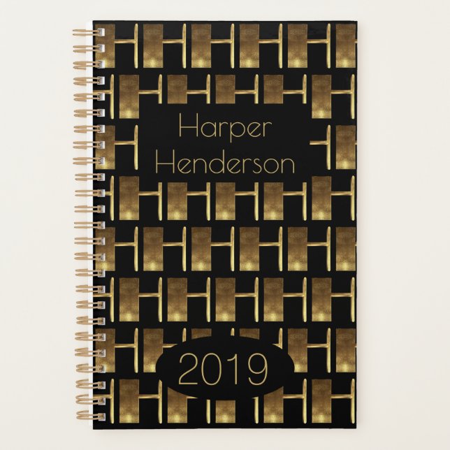 Agenda Año personalizado 2019 Monograma de Oro Negro H El (Anverso)