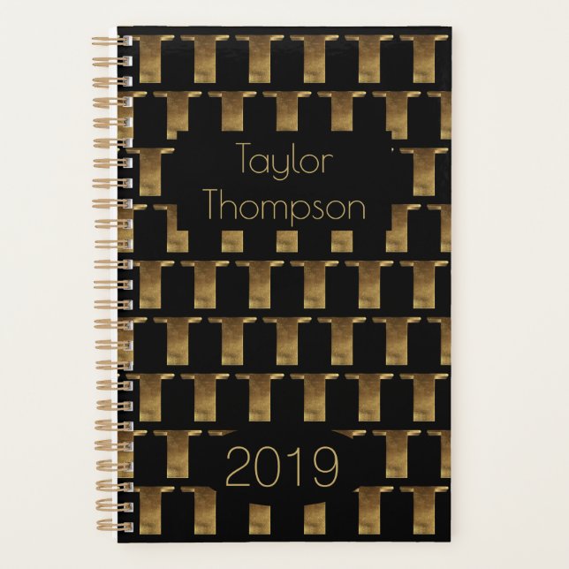Agenda Año personalizado 2019 Monograma de Oro Negro T El (Anverso)