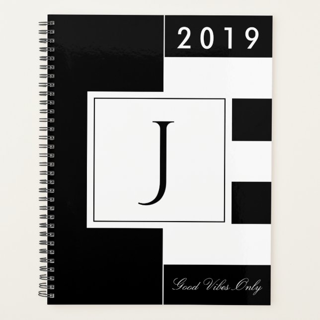 Agenda Año personalizado 2019 Monograma moderno blanco y  (Anverso)