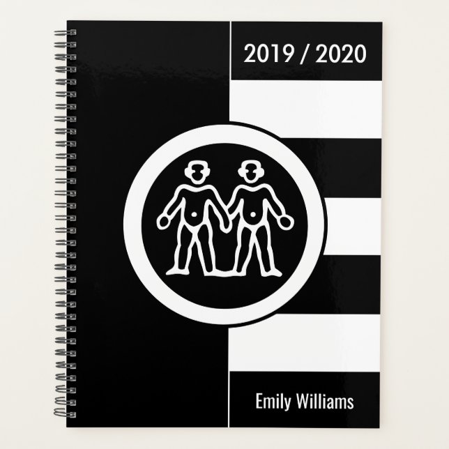 Agenda Año personalizado Rótulo Zodiaco Gemini Negro y Bl (Anverso)