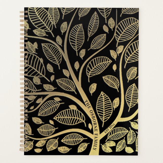 Agenda Árbol familiar personalizado hojas de oro negro (Anverso)