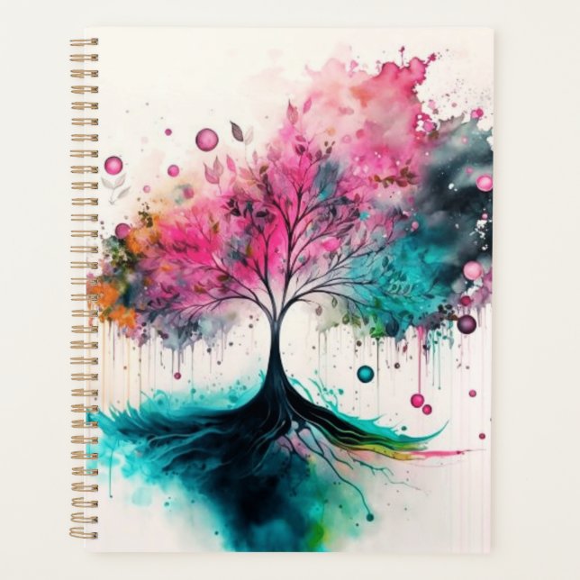 Agenda Árbol místico moderno y negrita (azul, rosa, naran (Anverso)