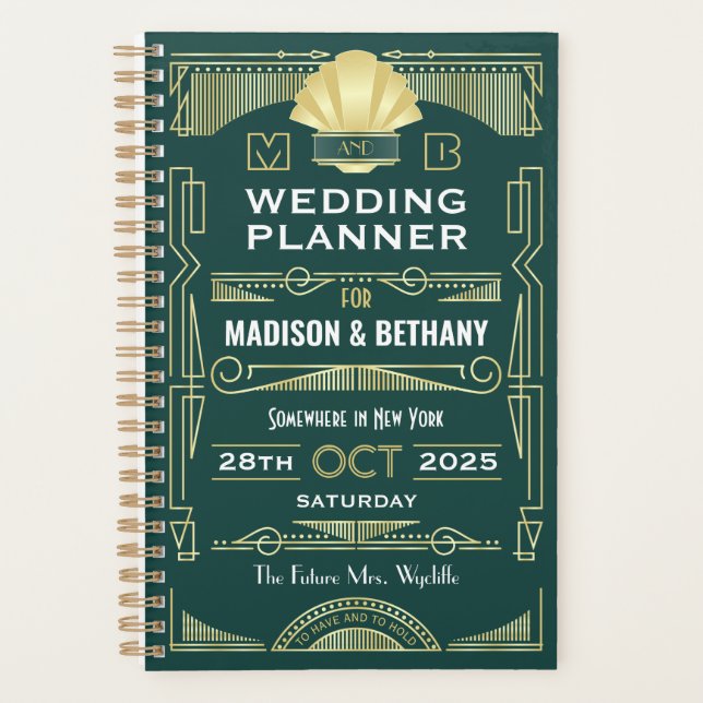 Agenda Art Deco Gold Green 1920 Elegante Boda Gatsby (Anverso)