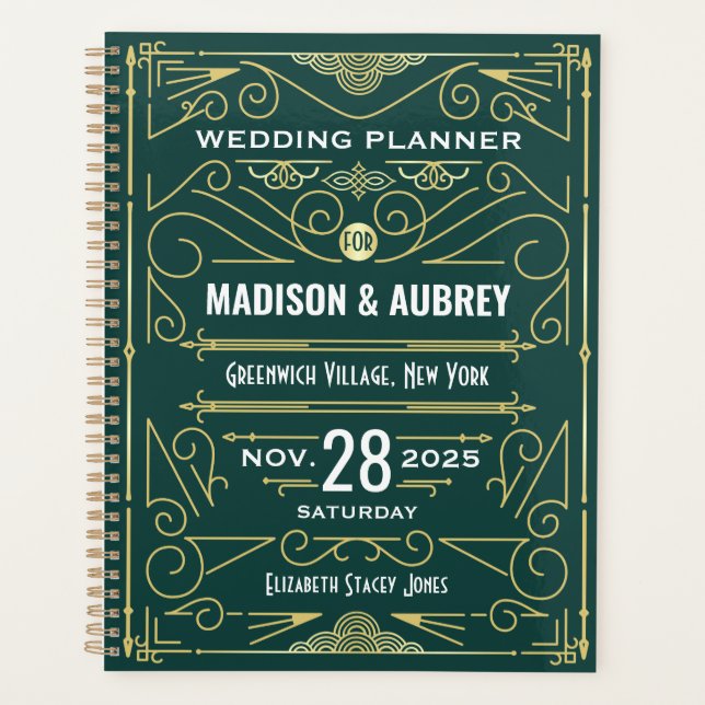 Agenda Art Deco Gold Green 1920 Elegante Boda Gatsby (Anverso)
