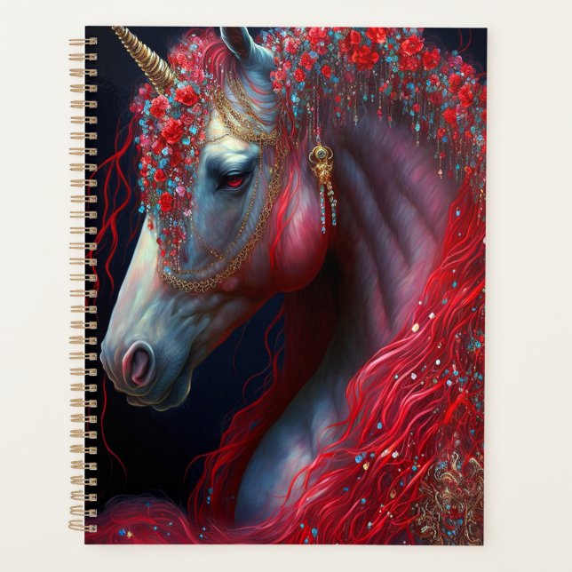 Agenda Arte de fantasía de Unicornio con joyas rojas (Anverso)