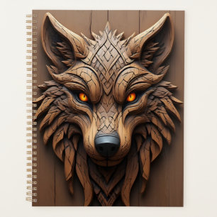 Agenda Arte de talla de lobo de madera con patrones geomé