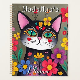 Agenda Arte folclórico lindo gato negro y flores personal