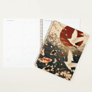 Agenda Arte personalizado elegante de koi y grulla japone