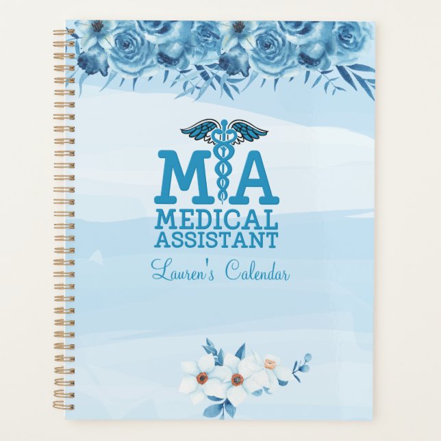 Agenda Asistente médico Floral azul personalizado (Anverso)