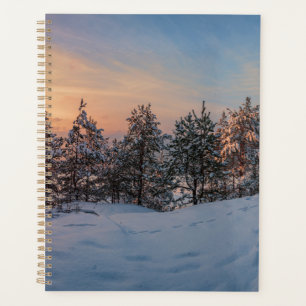 Agenda Atardecer sobre bosque de nieve congelado cerca de