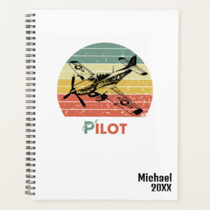 Agenda Atardecer y avión retro vintage, monogramo simple
