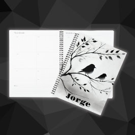 Agenda Aves simples blancas y negras perfilando en árbole