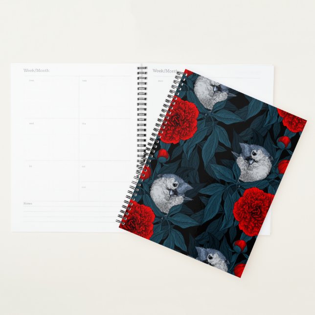 Agenda Aves y flores de peón rojo con hojas azules (Demostración)