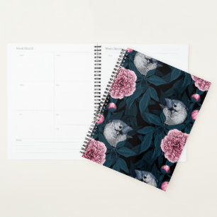 Agenda Aves y flores de peón rosadas con hojas