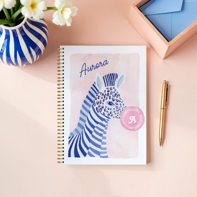 Agenda Azul acuarela Zebra Animal que respira burbuja (Blue Watercolor Zebra Animal Blowing Gum Bubble Planner)