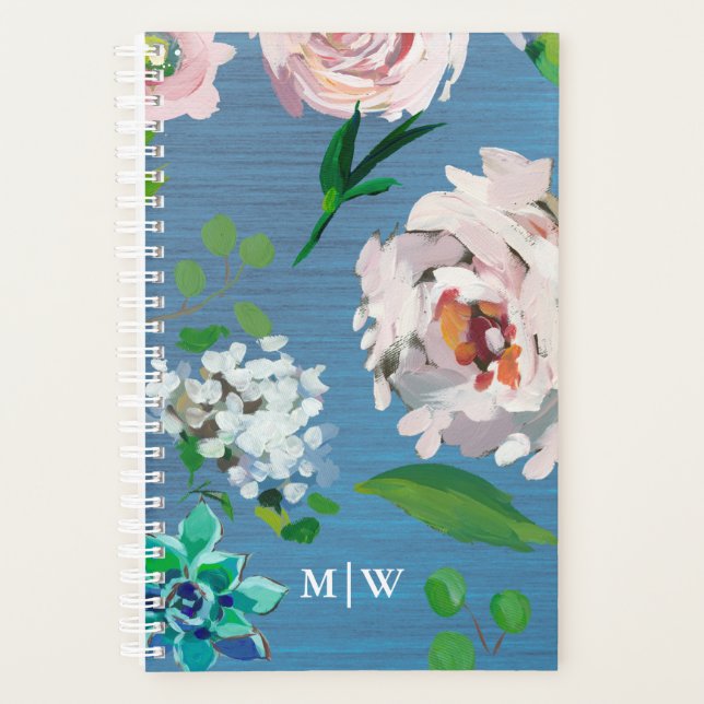 Agenda Azul bonito con floral pastel Monograma (Anverso)