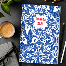 Azul Elegante Damasco Vintage Monograma