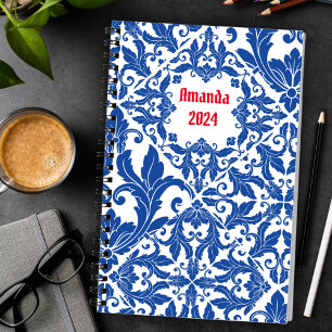Agenda Azul Elegante Damasco Vintage Monograma