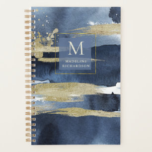 Agenda Azul elegante Resumen de oro con monograma