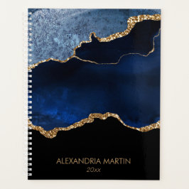 Agenda Azul Marino Moderno Mármol Dorado Brillante
