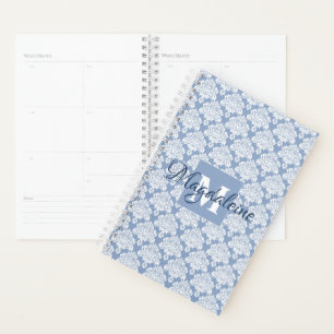 Agenda Azul Polvo & Blanco Damasco Bordado Monograma & No